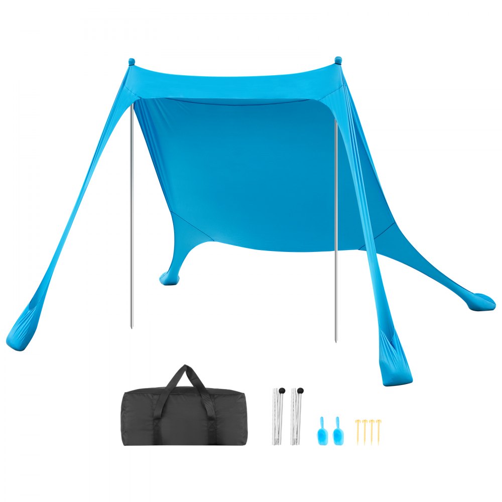 Tente de plage avec pare-soleil (UPF 50+) 2,3 x 2,3 x 2 m, abri de plage avec poteaux de support et pelles à sable, auvent portable pour les voyages en famille, le camping, la pêche, bleu Tente de plage avec pare-soleil (UPF 50+) 2,3 x 2,3 x 2 m, abri de plage avec poteaux de support et pelles à sable, auvent portable pour les voyages en famille, le camping, la pêche, bleu