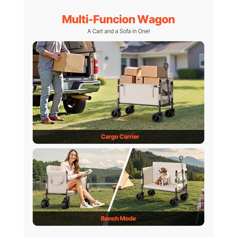 Chariot à bras, capacité de charge de 250 kg, chariot pliable 2 en 1, convertible en banc, chariot polyvalent avec poignée réglable, chariot d'extérieur pour courses, camping, jardinage