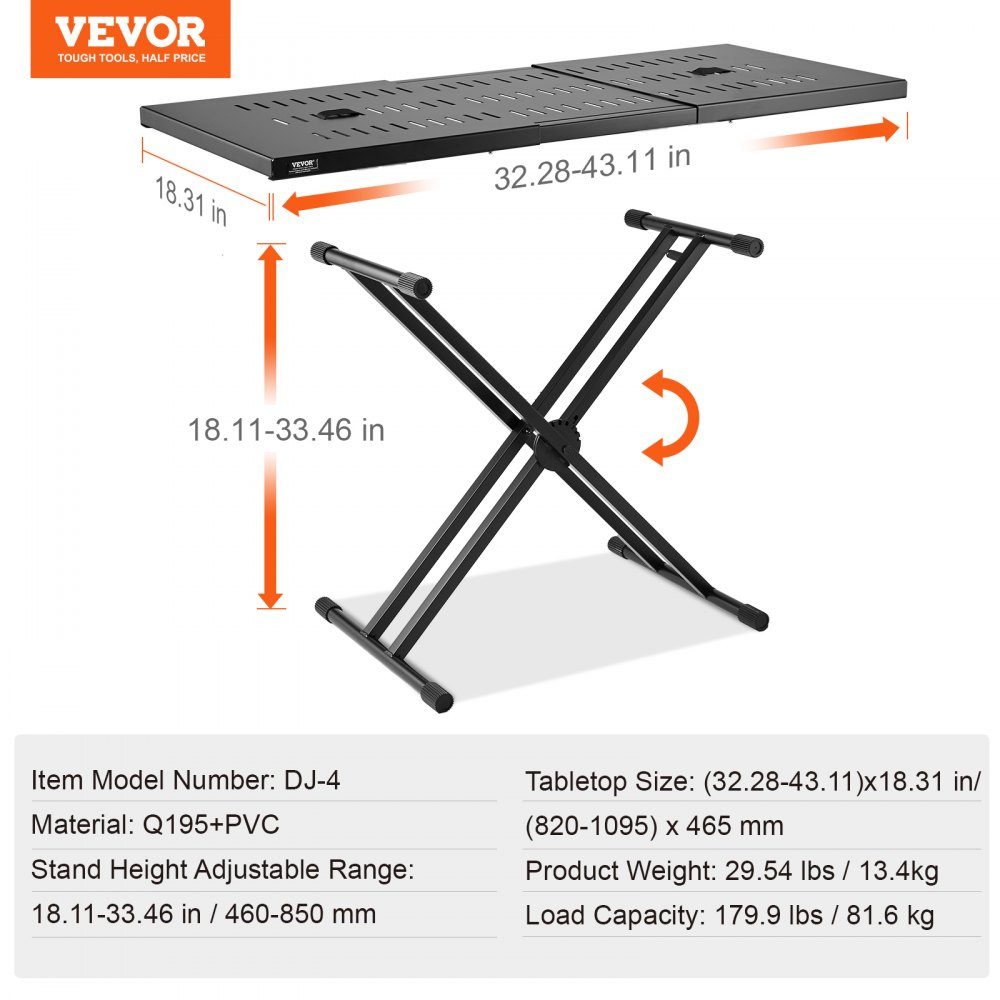 DJ Table Stand, (32"-43") x 18" Portable DJ Laptop and Controller Stand, Lightweight DJ Desk, DJ Desk, Height Adjustable DJ Stand, Foldable Double-X Keyboard Stand and Table Top, Audio Mixer Stand