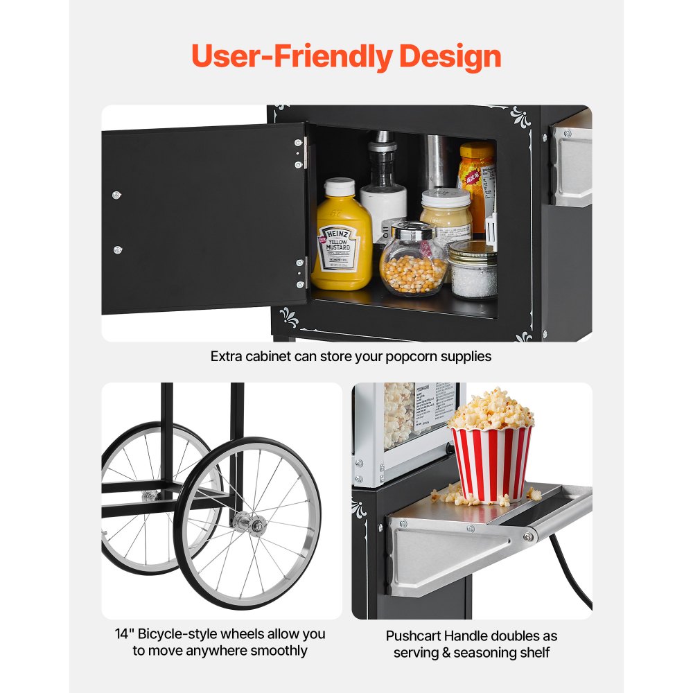 Popcorn Machine Popcorn Machine with Kettle & Trolley, 800W Commercial Popcorn Maker, 48 Cups per Load, with 2 Button Control, Glass Wall, PC Door, 1 Scoop, 3 Spoons, Black Popcorn Machine Popcorn Machine with Kettle & Trolley, 800W Commercial Popcorn Maker, 48 Cups per Load, with 2 Button Control, Glass Wall, PC Door, 1 Scoop, 3 Spoons, Black