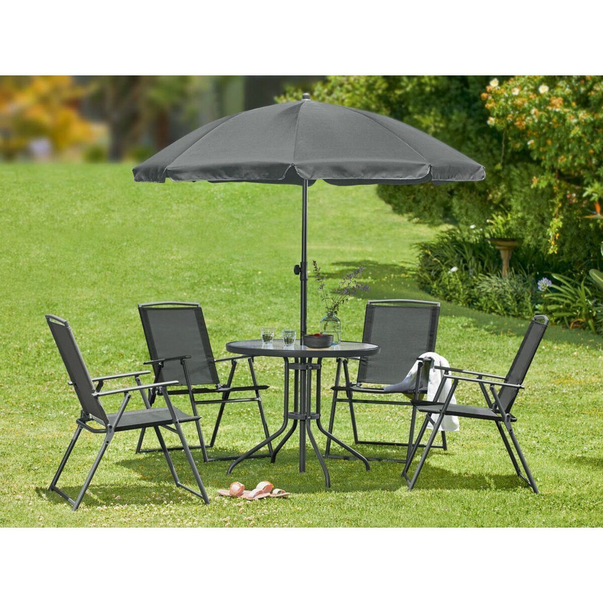 Groupe de sièges, 6 parties, avec table et parasol