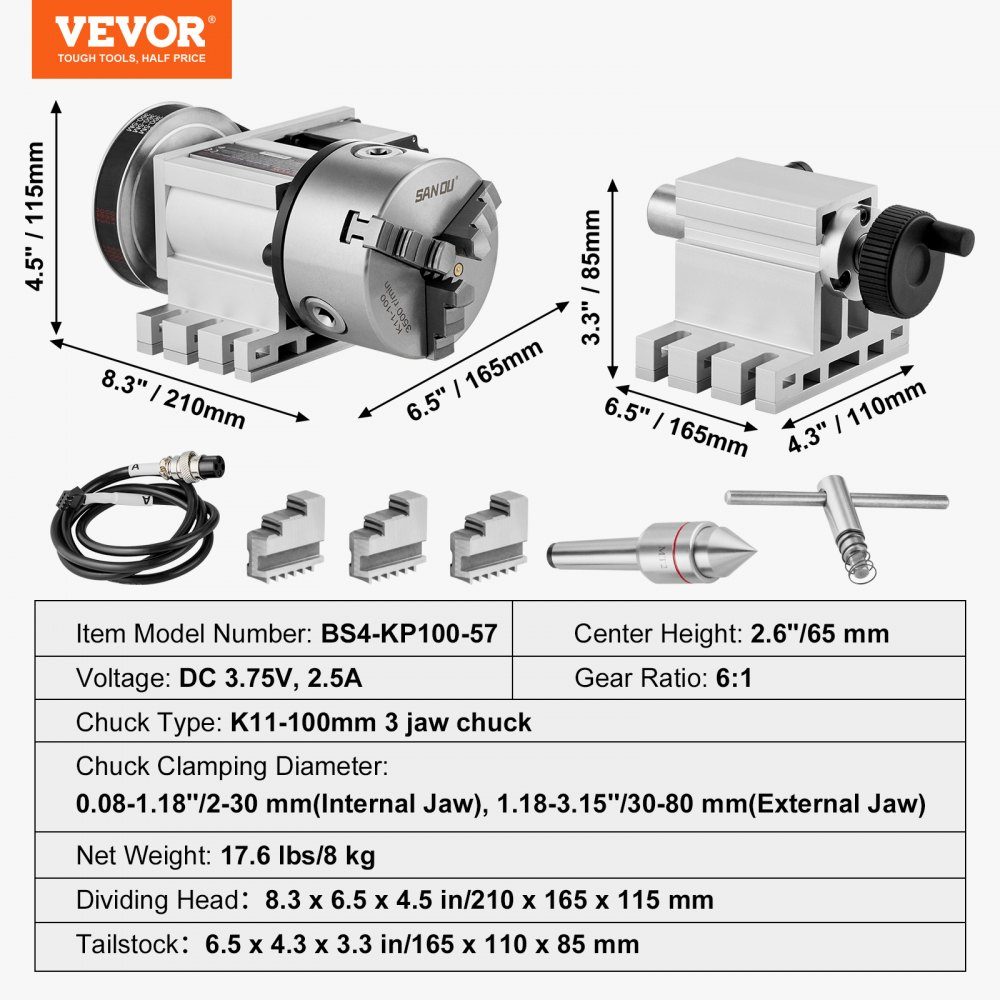 Klauwplaat K11-100 mm drieklauwplaat 4e as van de CNC-rotatie-as, een overbrengingsverhouding van 6:1 en een Nema23 tweefasige stappenmotor 3-klauwplaat voor CNC-frezen