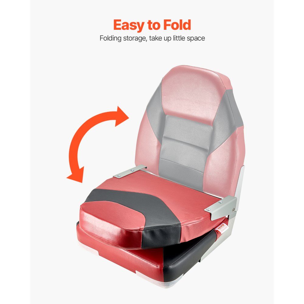 2pcs High Back Boat Seat Folding Fishing Boat Seat with Thick Sponge Cushion and Waterproof PVC Leather Aluminum Alloy Hinges Black and Red