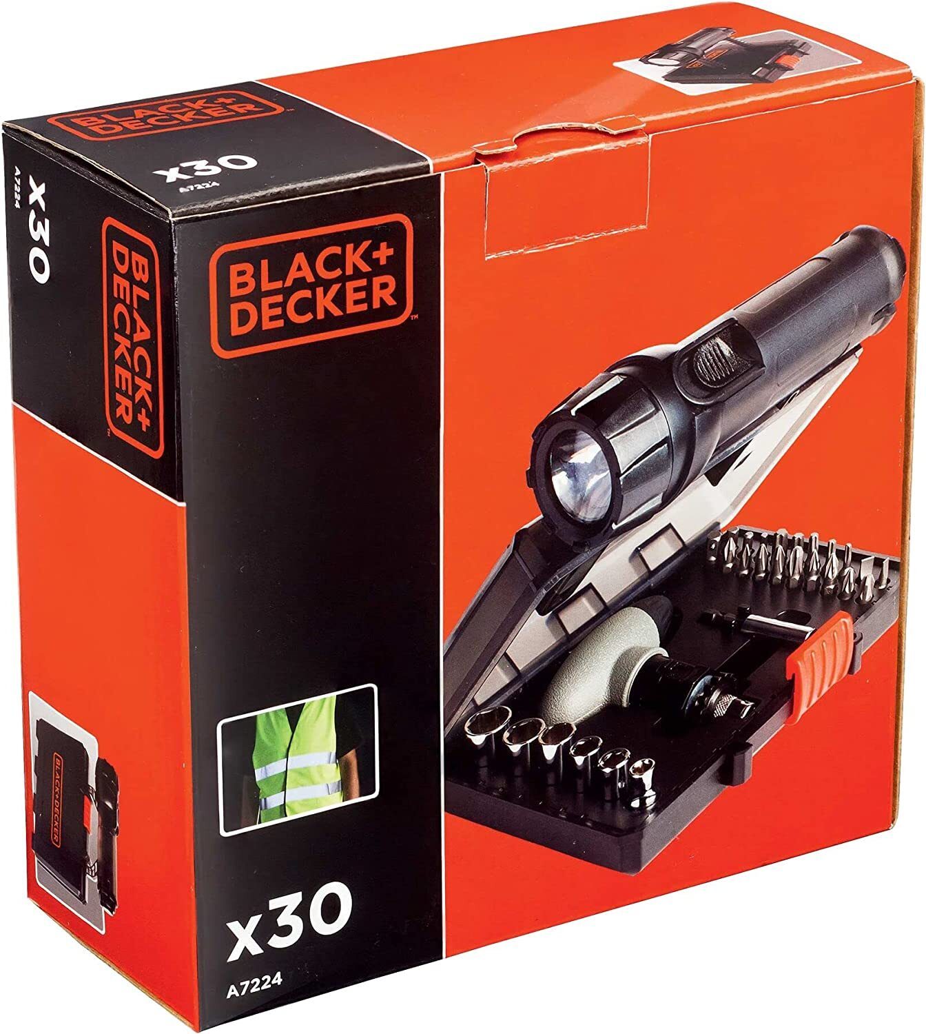 Black+Decker 30 Stk. SOS-Bit-Set (mit Warnweste, LED-Taschenlampe, ideal für das Auto, kleiner Helfer bei Pannen)