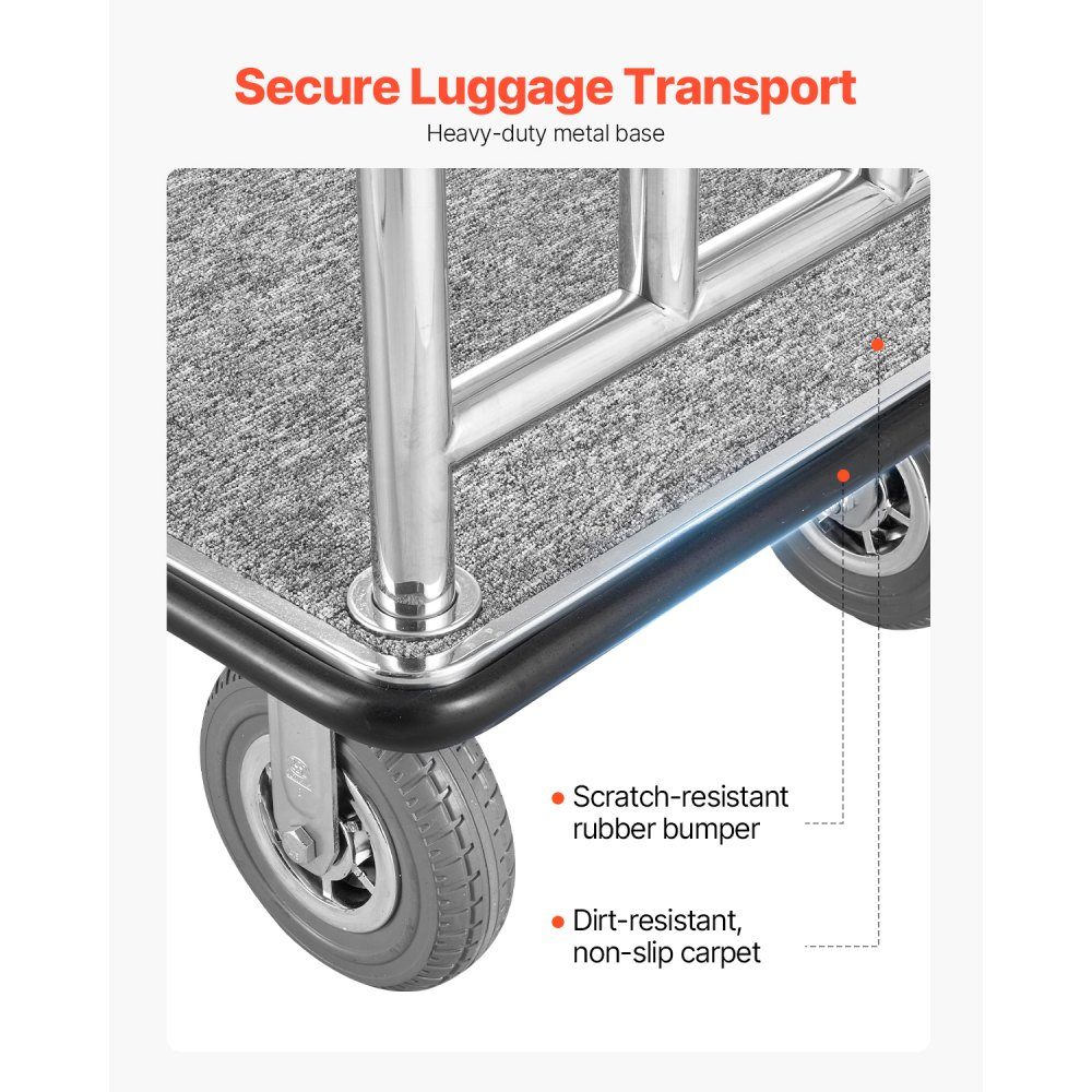 Hotel Luggage Cart, 1,000 Pound Capacity, Hotel Cart, Bellboy Cart, Luggage Cart, Valet Cart with Gray Carpet Floor and 8" Rubber Wheels, Ideal for Hotels, Condos, Resorts, Silver