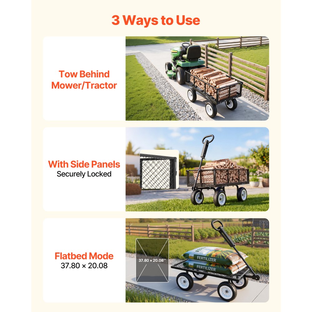 Handcart 408.2 kg load capacity, garden cart with PU tires, transport cart with adjustable handle, removable side walls, handcart for attachment to ATV or tractor, black Handcart 408.2 kg load capacity, garden cart with PU tires, transport cart with adjustable handle, removable side walls, handcart for attachment to ATV or tractor, black