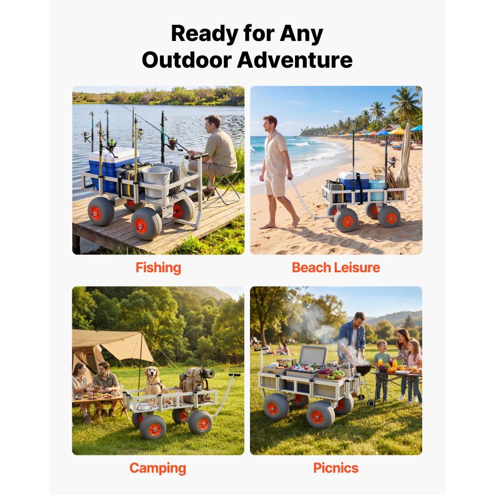 Folding Fishing Trolley, 159kg Handcart with 4 PU Pneumatic Tires for All Terrain, Transport Trolley with Aluminum Frame & 6 Rod Holders, Multifunctional Transport Trolley for Fishing, Camping, Beach