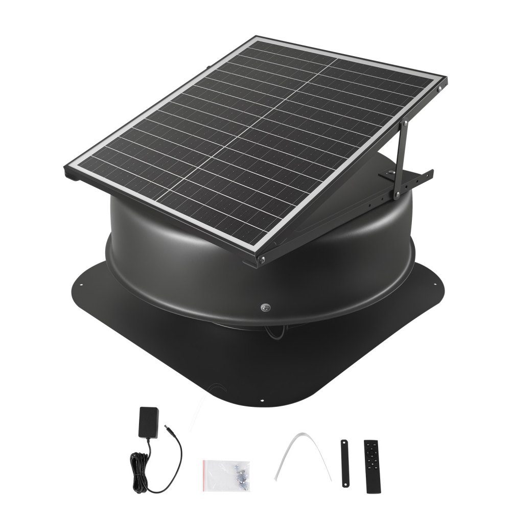 Ventilateur de toit à énergie solaire, ventilateur de toit solaire intelligent 42 W avec thermostat, télécommande, débit d'air 79287L/min, moteur CC sans balais intégré pour le refroidissement – Réf. HT-23050
