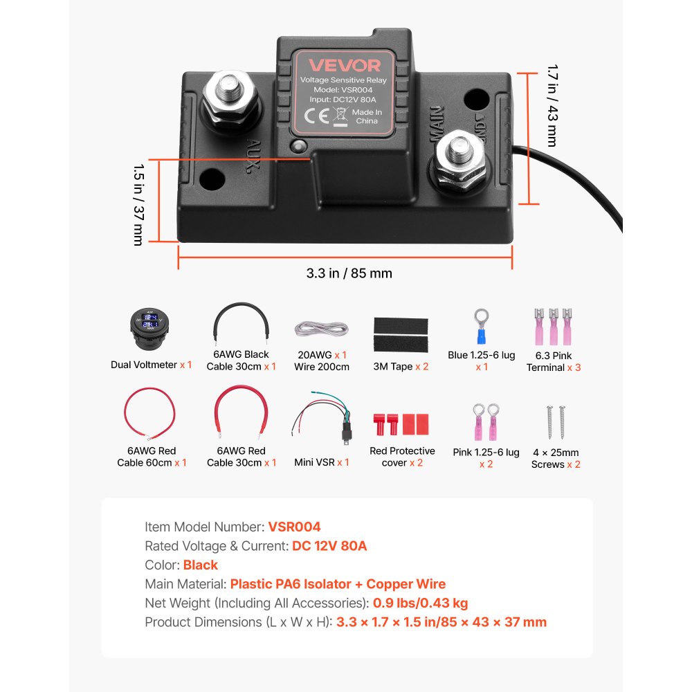 Dual Battery Disconnect Relay Kit, 12V 80A 0.6m 13.3mm² (6AWG) VSR Voltage Sensitive Relay with Voltmeter LCD Screen Battery Isolator Switch Compatible with Lead Acid Batteries for UTV ATV