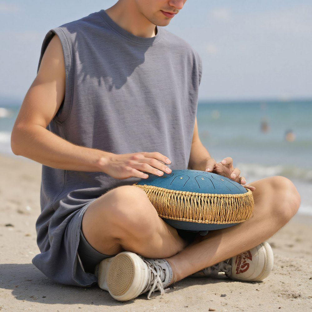Zungentrommel, Ø305 mm, 13 Töne, Regentrommel, C-Dur, mit Notenbuch & Schlägeln, Schlaginstrument für Meditation, Yoga & musikalisches Einsteigertraining, Stahlzungentrommel Marineblau