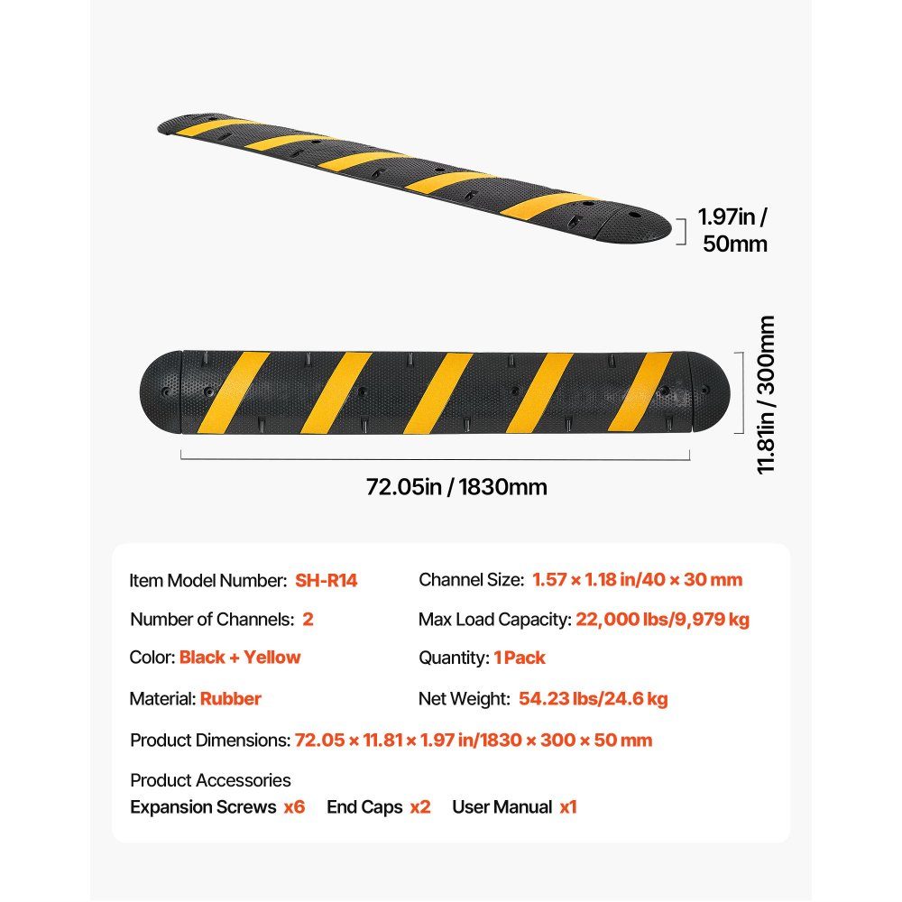 183 cm Kabelbrücke, 2-kanalig, Gummi-Auflaufschutz, 9979 kg Tragkraft, Bodenbeläge, Stolperschutzrampe mit Dehnschrauben, für Asphalt-Beton-Kies-Einfahrten, 1 Stück