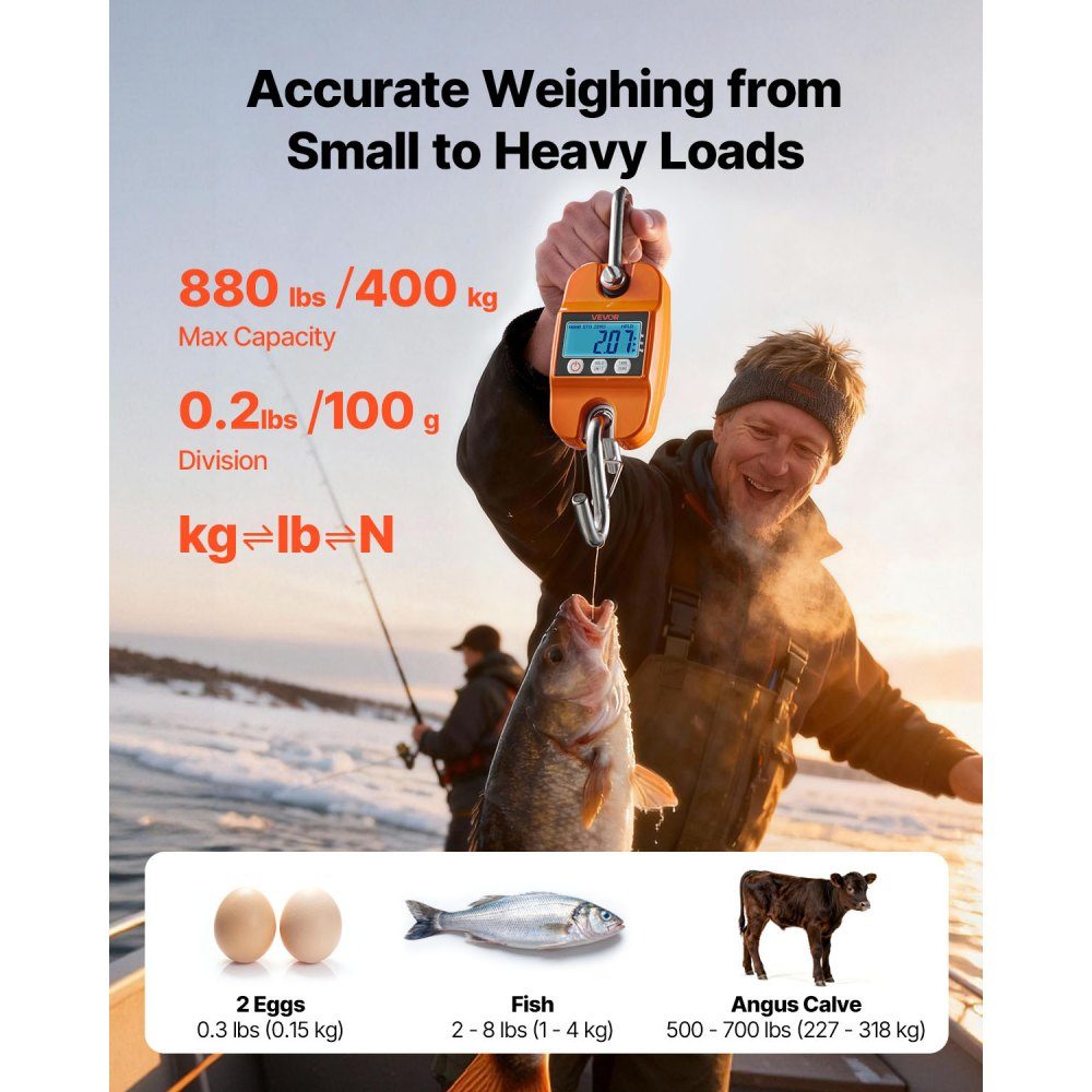 Crane scale 400 kg, digital hanging scale with cast aluminum housing & LCD, game scale 100 g division & 3-stage display, pull scale fish scale, suitable for agriculture, hunting & fishing