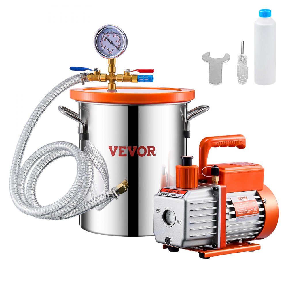 Vacuümkamer van 11,36 liter en pomp van 3,5 CFM, roestvrijstalen kamer, eentraps vacuümpomp-ontgassingkamerset, met acryldeksel, olie, 1,5 m slang, vacuümpompset voor het ontgassen van hars Siliconen epoxyharsen