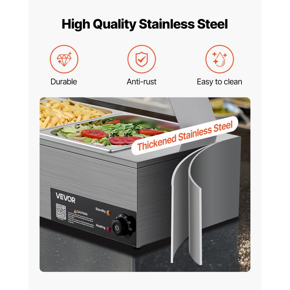 Commercial Food Warmer (3 Size 1/2 Containers), 1.5KW Stainless Steel Electric Warming Container with Glass Cover and Soup Ladle, Chafing Dishes for Catering Restaurant Parties
