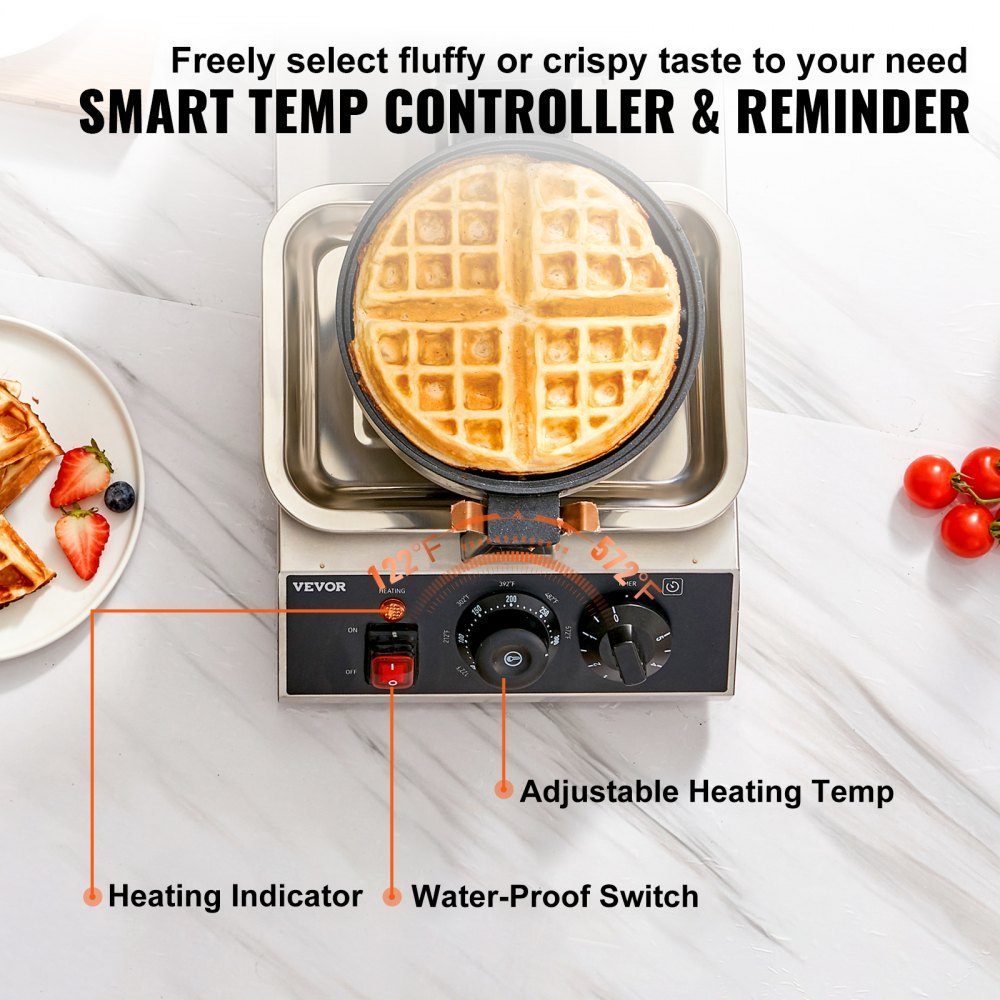 Round waffle iron waffle 1300 W, contact grill Belgian waffle iron 4 pieces. Stainless steel waffle machine including food clip, brushes and anti-scald handle, for cafes, restaurants etc