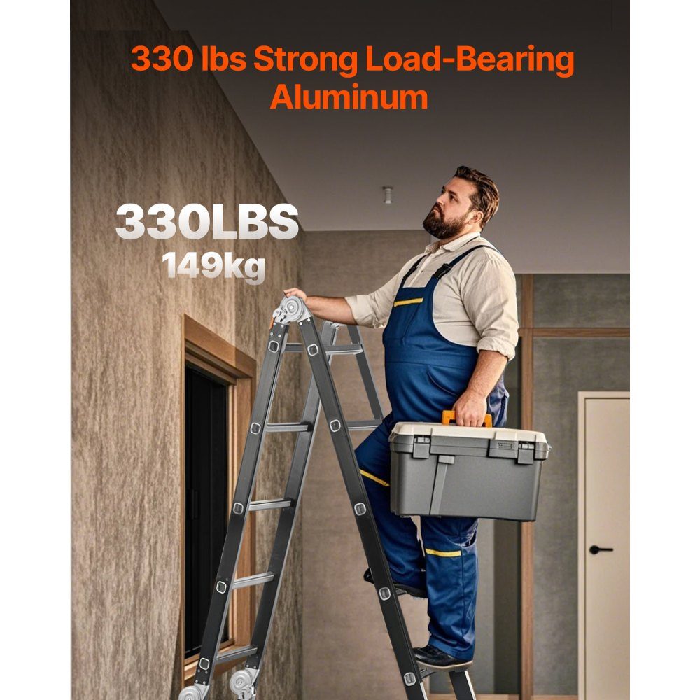 Mehrzweckleiter, 7-in-1-Multifunktionsleiter, A-Rahmen, 5-stufige Teleskopleiter, Leitergestell 5800 mm, verstellbare Hochleistungsleiter, 150 kg Tragfähigkeit für den Heimgebrauch im Freien