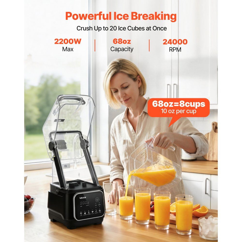 Mikser na stojaku Mikser do smoothie 2 l z osłoną ochronną Kostkarka do kruszonego lodu o mocy 2200 W z funkcją samooczyszczania Regulowana prędkość 6 zaprogramowanych programów Koktajle Kruszenie lodu Puree Czarny