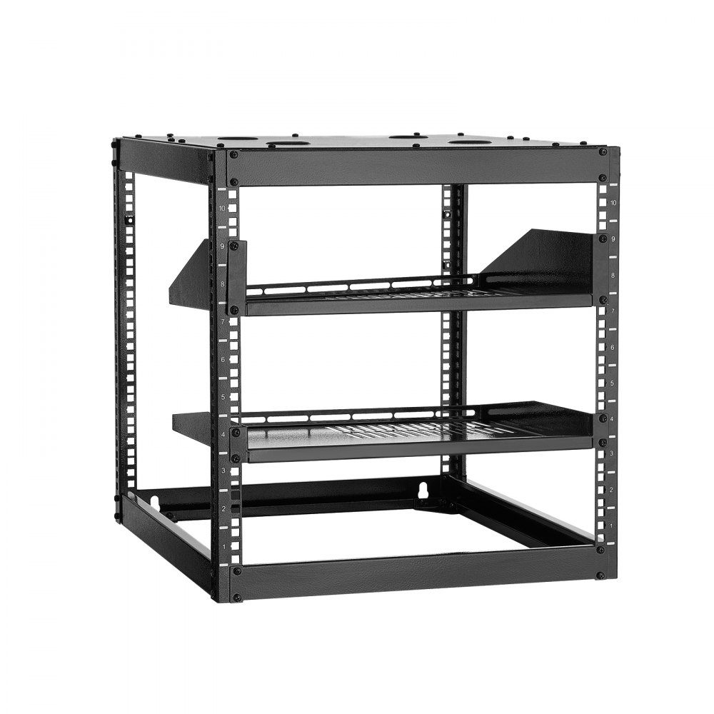 10U open frame network rack, 585mm depth, wall mount or floor standing server rack, 4 post construction, with ventilated shelves and mounting hardware, for all network IT equipment and AV equipment