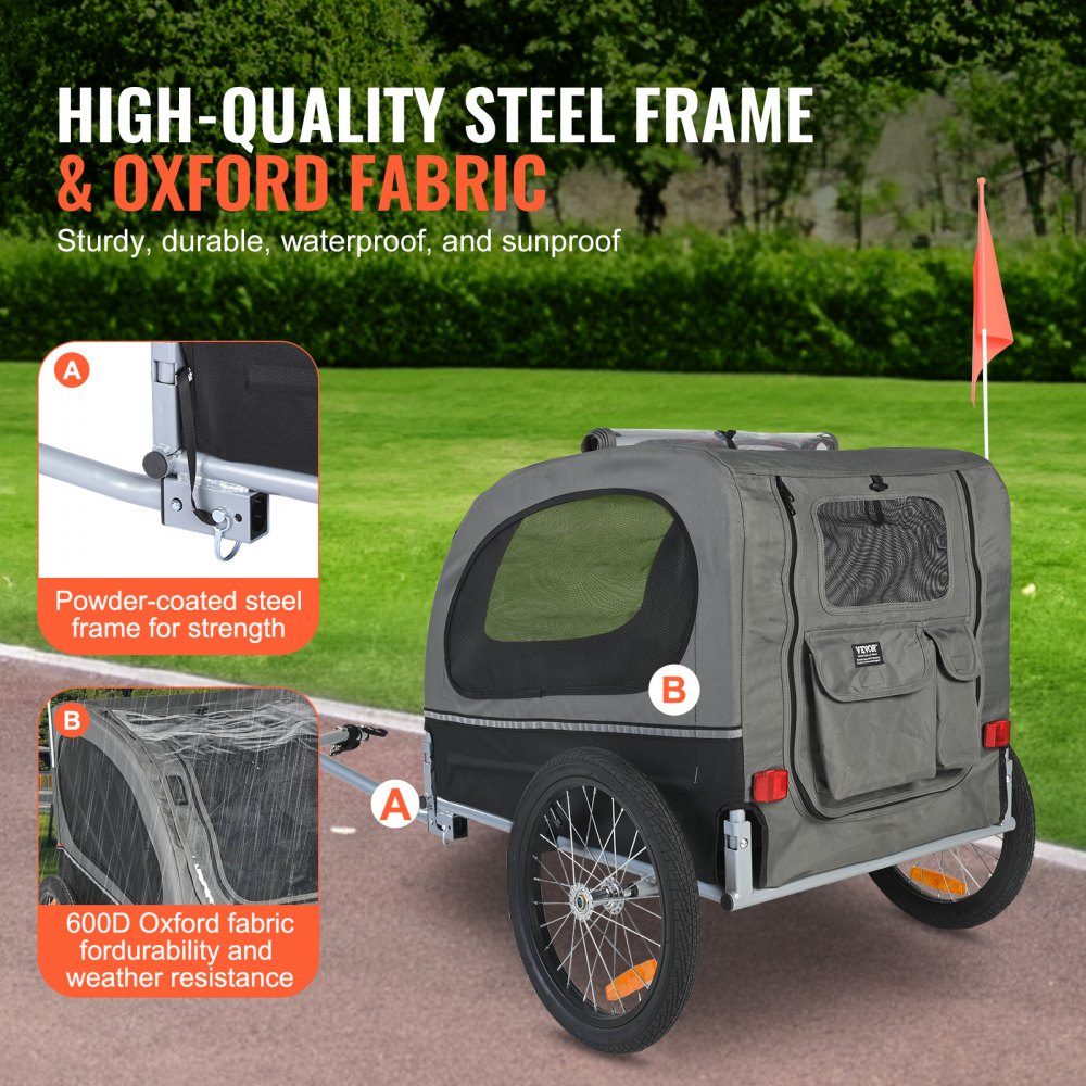 Przyczepka dla psa 40 kg Przyczepka rowerowa Stal węglowa + tkanina Oxford 600D + PP Składana 1440 x 720 x 779 mm Złożona jako przyczepka Rozmiar 760 x 560 x 195 mm Czarny i szary – Nr kat. HT-22618