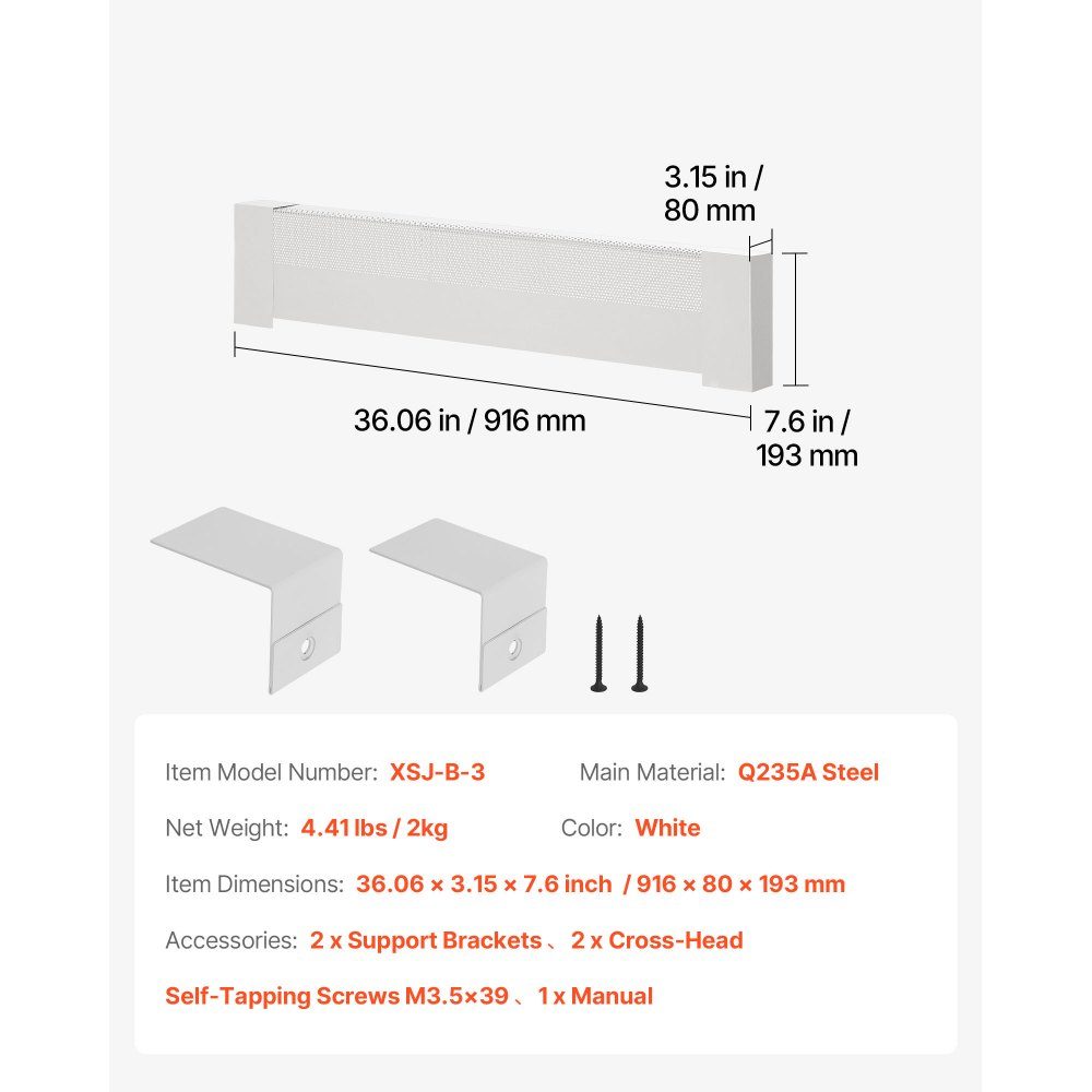 Heater Covers Basic Series 916 x 80 x 193mm Standard Front Cover for Radiators Electric Heaters Heavy Duty Steel Replacement Cover for Bedroom White