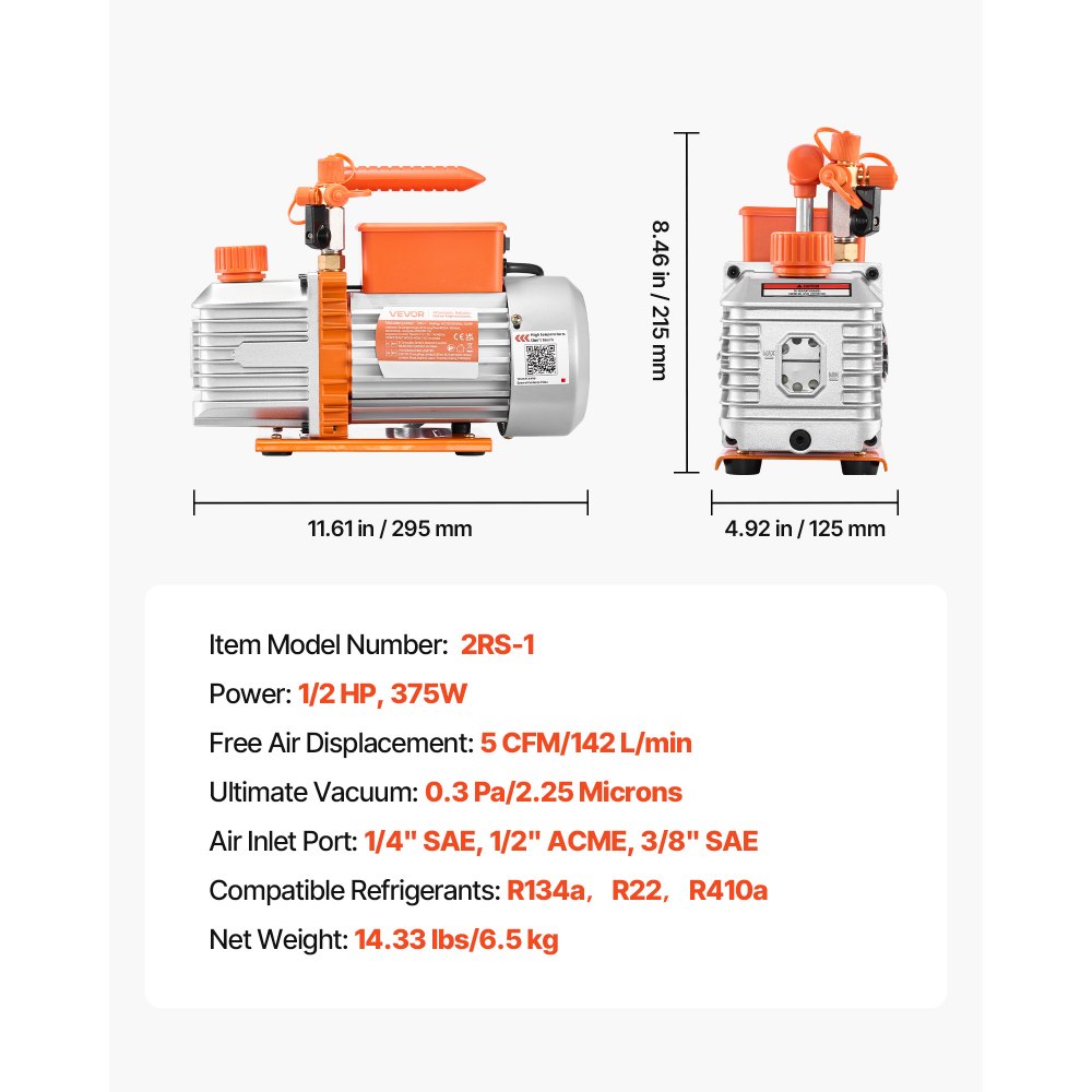 Vacuümpomp, 5 CFM 142 L/min, tweetraps, 375 W, geschikt voor R134a-, R22- en R410a-systemen, 4-polige motor, voor onderhoud van auto-airconditioning en harsontgassing, inclusief olie Vacuümpomp, 5 CFM 142 L/min, tweetraps, 375 W, geschikt voor R134a-, R22- en R410a-systemen, 4-polige motor, voor onderhoud van auto-airconditioning en harsontgassing, inclusief olie