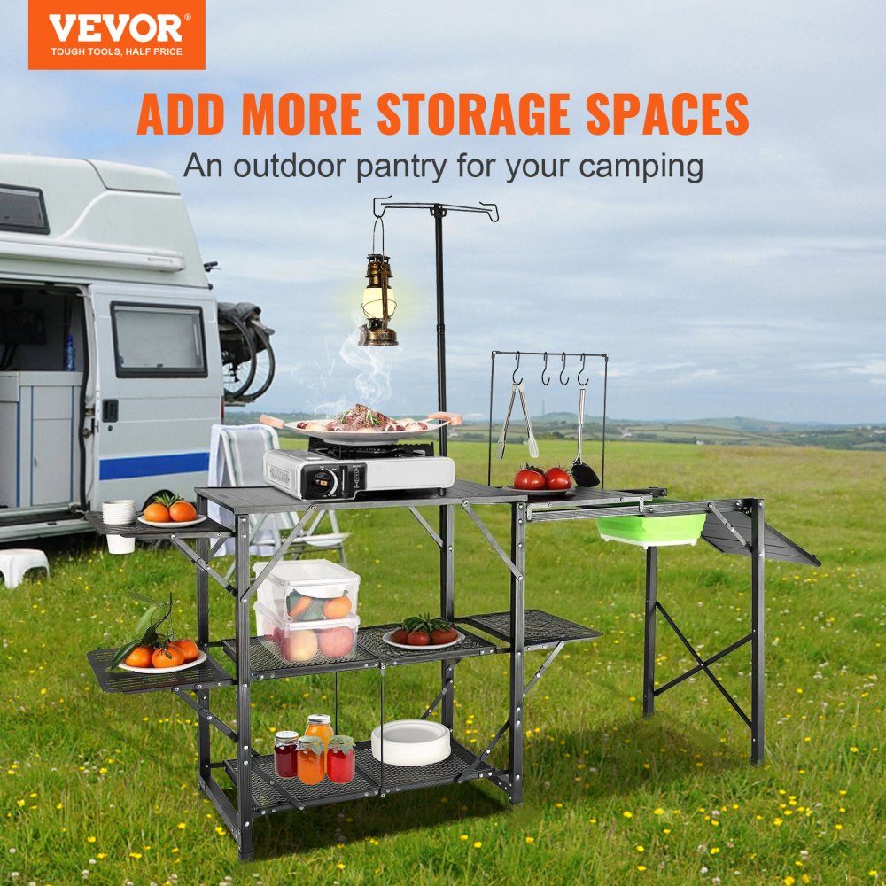 Camping kitchen, outdoor camping kitchen, 174 x 50 x 160 cm, travel kitchen, tent cupboard, foldable, 40 + 22 kg, folding camping table, kitchen box, worktop, space for the sink, carrying bag, black