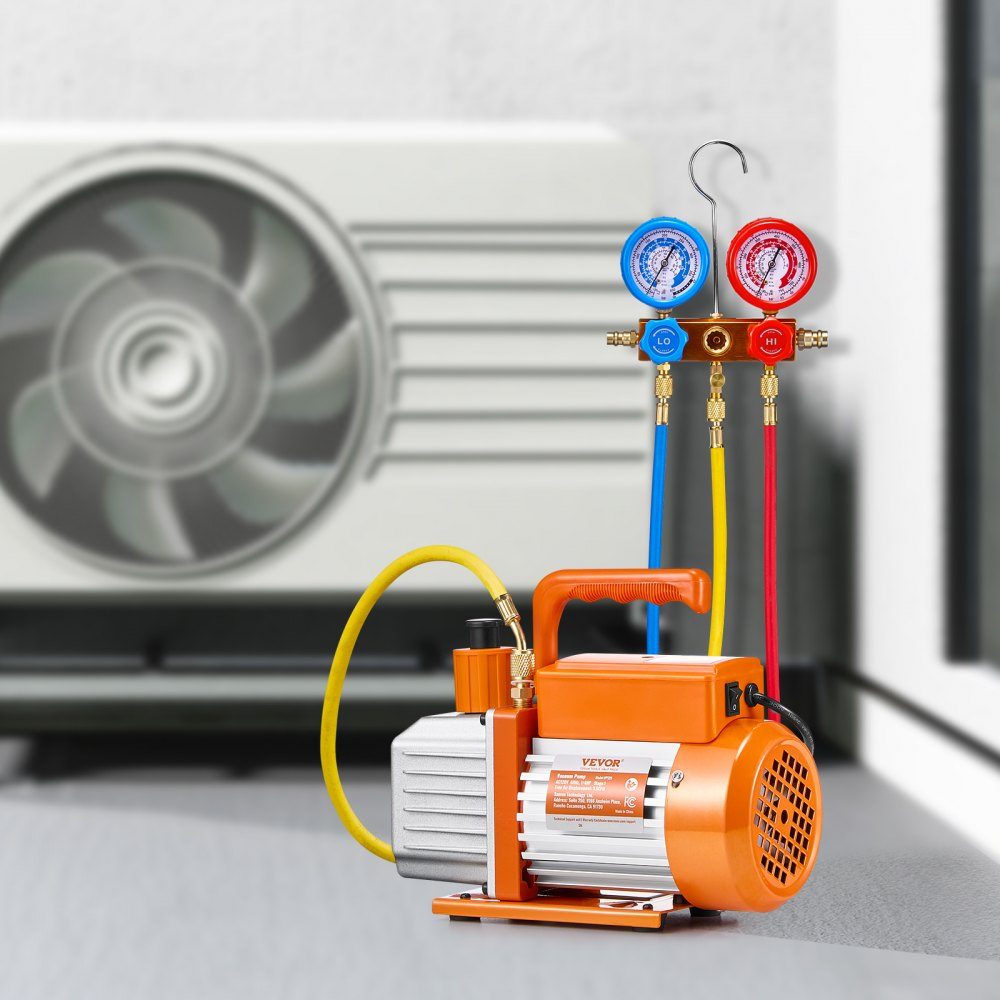 3,5 CFM AC-vacuümpomp en meterset, eentraps roterende schoepen HVAC-luchtvacuümpomp, A / C-koelmiddelspruitstukmeterset voor R134a, R12, R22, R502a, R410A, R404, R407C-koelmiddel