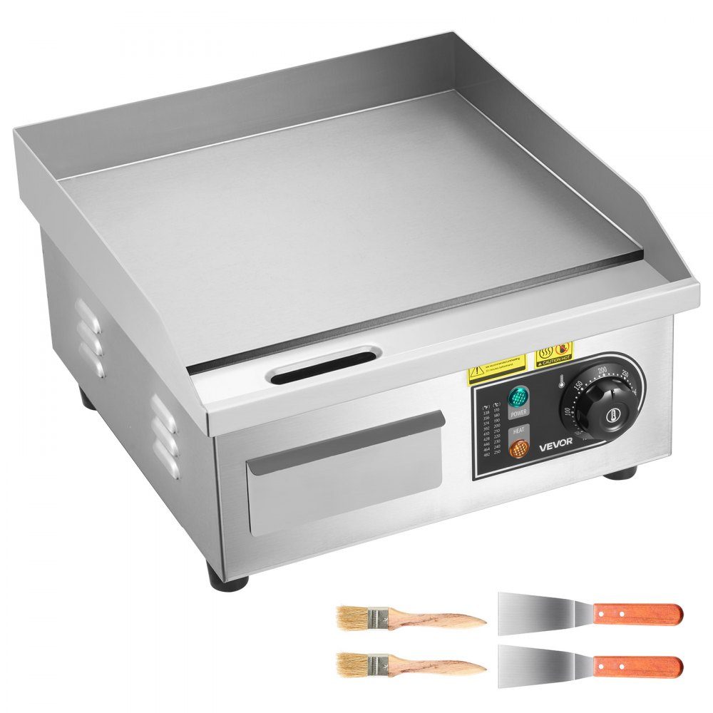 Plaque de grill électrique 2000 W 355 x 300 mm (surface de grill), 50-300 °C Plaque de grill gastro en acier inoxydable (boîtier) plaque de grill de table avec 2 spatules & 2 brosses & 4 repose-pieds, pour steaks, crêpes