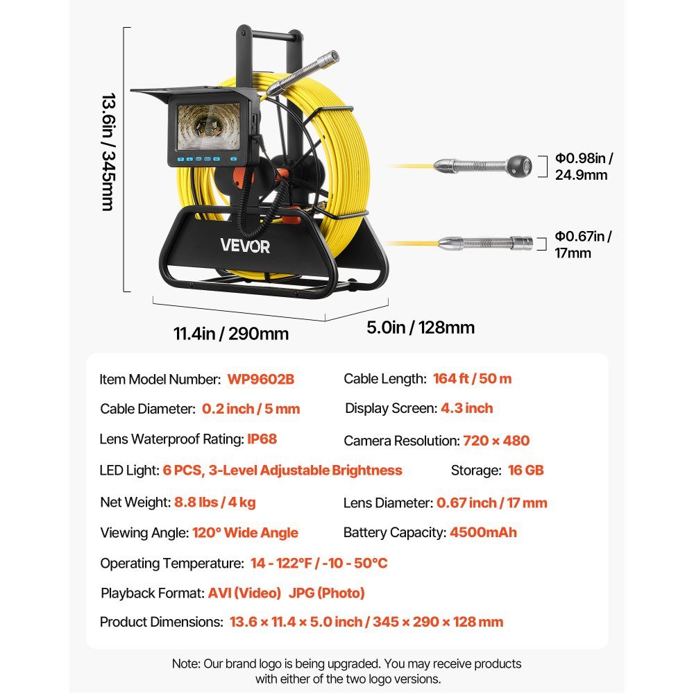 Sewer Camera, 50m Range Inspection Camera, Waterproof IP68-Rohrkamera with Lighting - 6 Adjustable LEDs, 4500mAh Battery and 16-GB-Speicherkarte for Sewer Pipes and Pipes