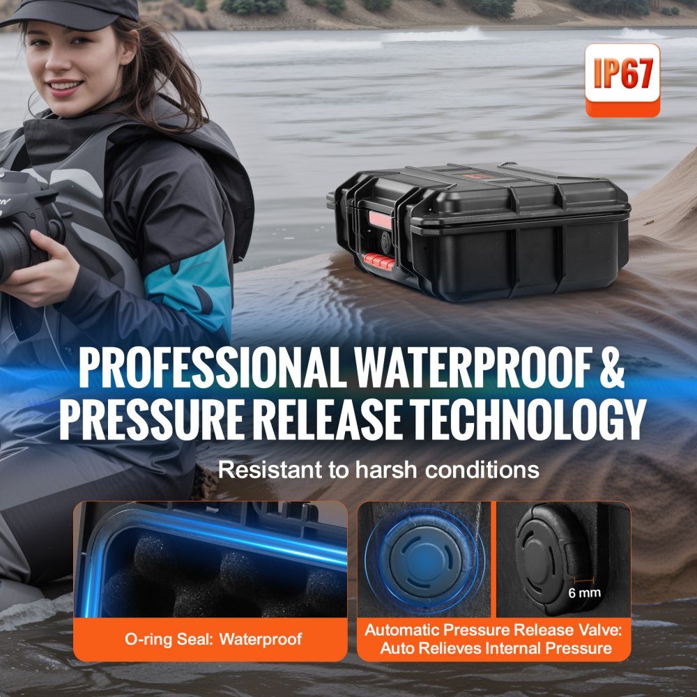 Weatherproof Hard Shell Dry Boxes with Pre-Cut Foam and Retractable Handles for Travel, IP67 Waterproof Case for Cameras, Black (38 x 30 x 14 cm)