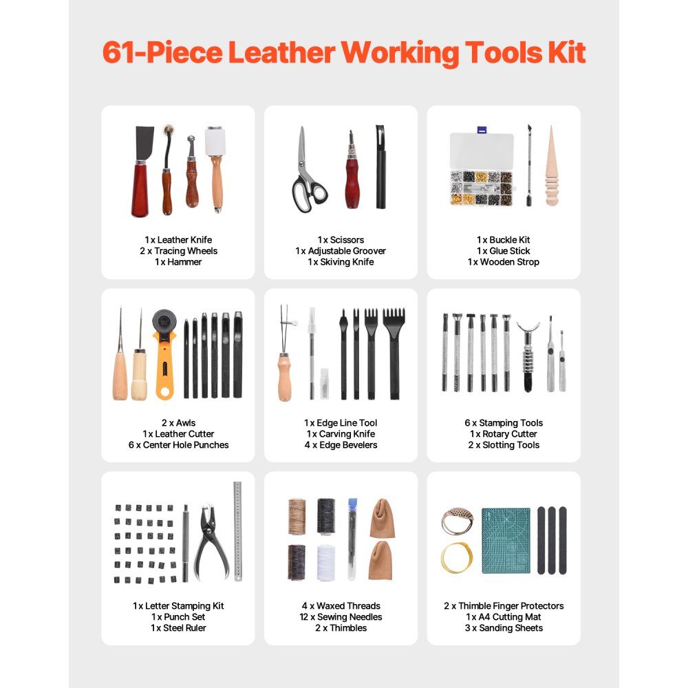 61pcs Leather Craft Tool Set with Portable Canvas Storage Bag Tools Graphic Tool Punch Tool Sewing Tool Cutting Tools Ideal for Beginners DIY Professionals