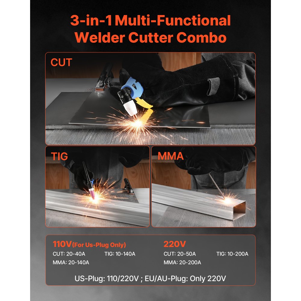 Machine à souder 3 en 1 Combo Coupe/TIG/MMA, coupeur plasma 50 A et soudeuse à électrode TIG 200 A, affichage numérique LED avec fonction 2T/4T/PA/PT pour bricolage et atelier