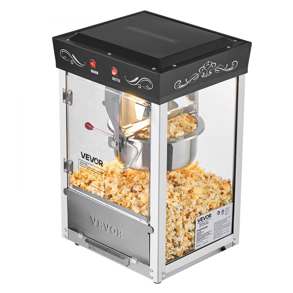 Popcorn Machine with Stainless Steel Boiler, 800W Commercial Popcorn Machine, 48 Cups per Load, Cinema Style, with 2 Button Control, Glass Wall, PC Door, 1 Scoop, 3 Spoons, Black