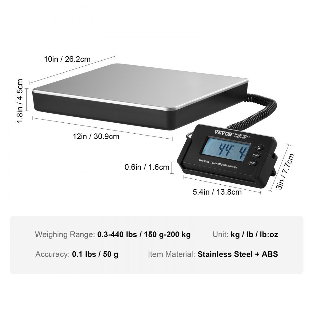 Platform Scales 150g-200kg Parcel Scales 50g Accuracy Digital Scales kg/lbs/lbs:oz Counting Scales 309 x 262 x 45mm ABS Stainless Steel Tare Functions AC/DC Power Supply Industrial Scales Letter Scales Scales