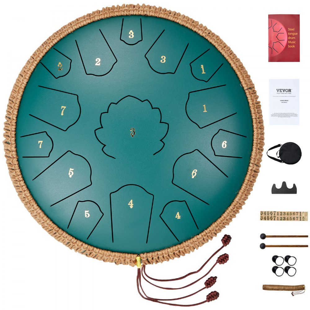 Zungentrommel 356 mm, Stahlzungentrommel 15 Noten, Regentrommel, C-Dur-Tonart, Regenglockenspiel mit 2 Schlägeln und Tragetasche, Handpan-Trommel, Schlaginstrument für Musikunterricht und Yoga, Grün