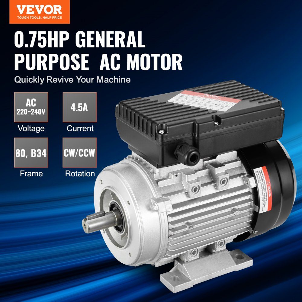 0,55 kW Elektromotor 1400 U/min AC 220–240 V 4,5 A 80 B34 Rahmen Luftkompressormotor einphasig 19 mm Keilwelle Rechts-/Linksdrehung für landwirtschaftliche Maschinen und allgemeine Geräte