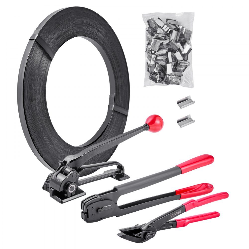 5 piece steel strapping set, manual strapping tool with 183m metal strap, 300 metal clamps and cutters, perfect workshop equipment for industrial packaging, transport and storage