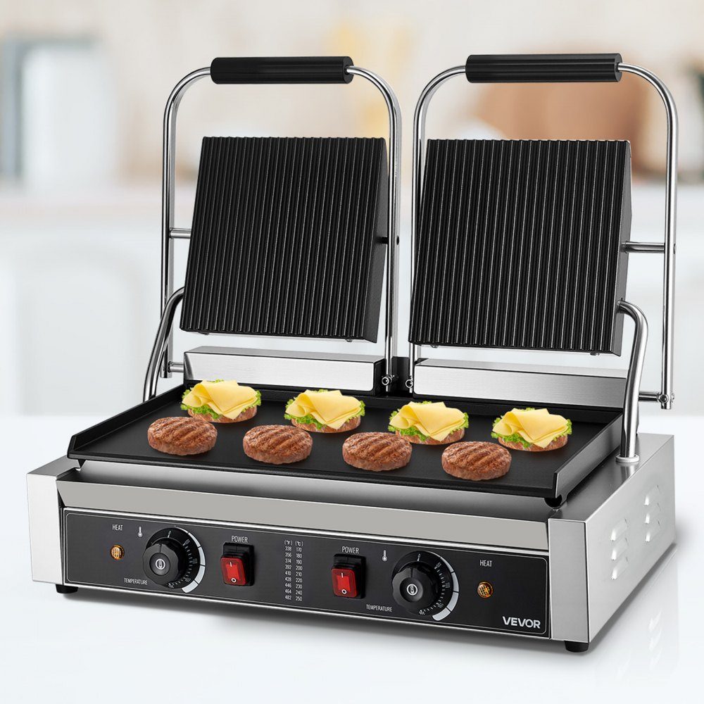 Commercial Panini Grill, Contact Grill 3600 W, for Sandwiches, Steak, Bacon, Hamburgers, Sandwich Maker, Stainless Steel Press Grill with Handle & Temperature Controller & 48 x 23 cm Heating Plate, Panini Press