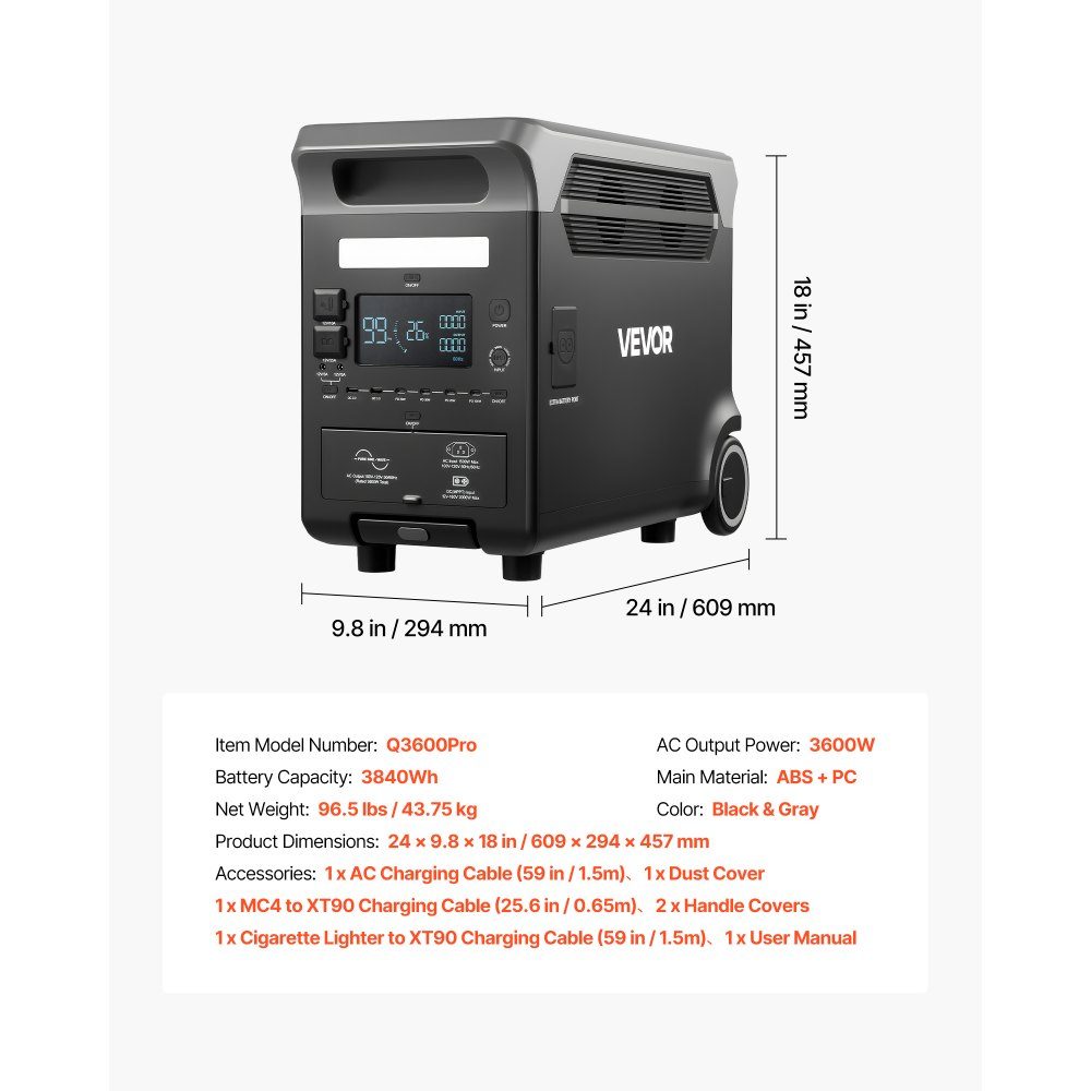 Portable Power Station 3600 W 3840 Wh Solar Generator with 10 Output Ports, 6 Adjustable Input Powers, LiFePO4 Battery Backup (Solar Panel NOT Included)