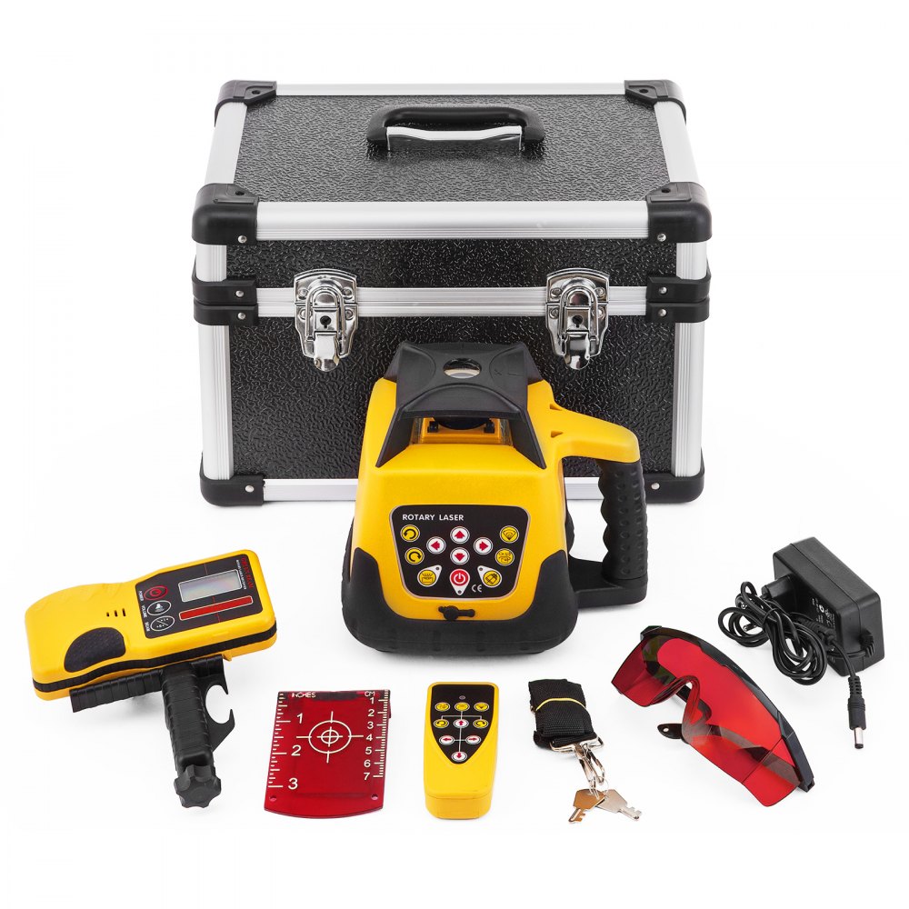 Laser rotatif professionnel rouge max. portée de travail 100 m, niveau à bulle laser rotatif 360, étanche à l'eau et à la poussière, utilisation en extérieur, temps de travail 20 heures, dans une mallette d'artisan, télécommande 2 kg, mallette jaune