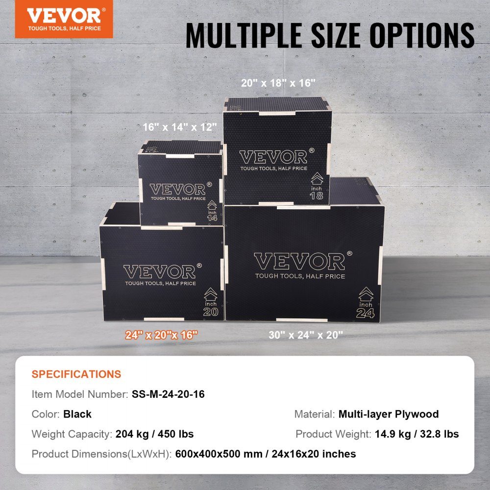 3 in 1 Plyometric Jump Box 24/20/16 Inch Plyo Box, Jump Box Jump Box 204kg Load Capacity, Fitness Exercise Step Up Box for Home Training, Jump Strength Training, Black, Height Adjustable
