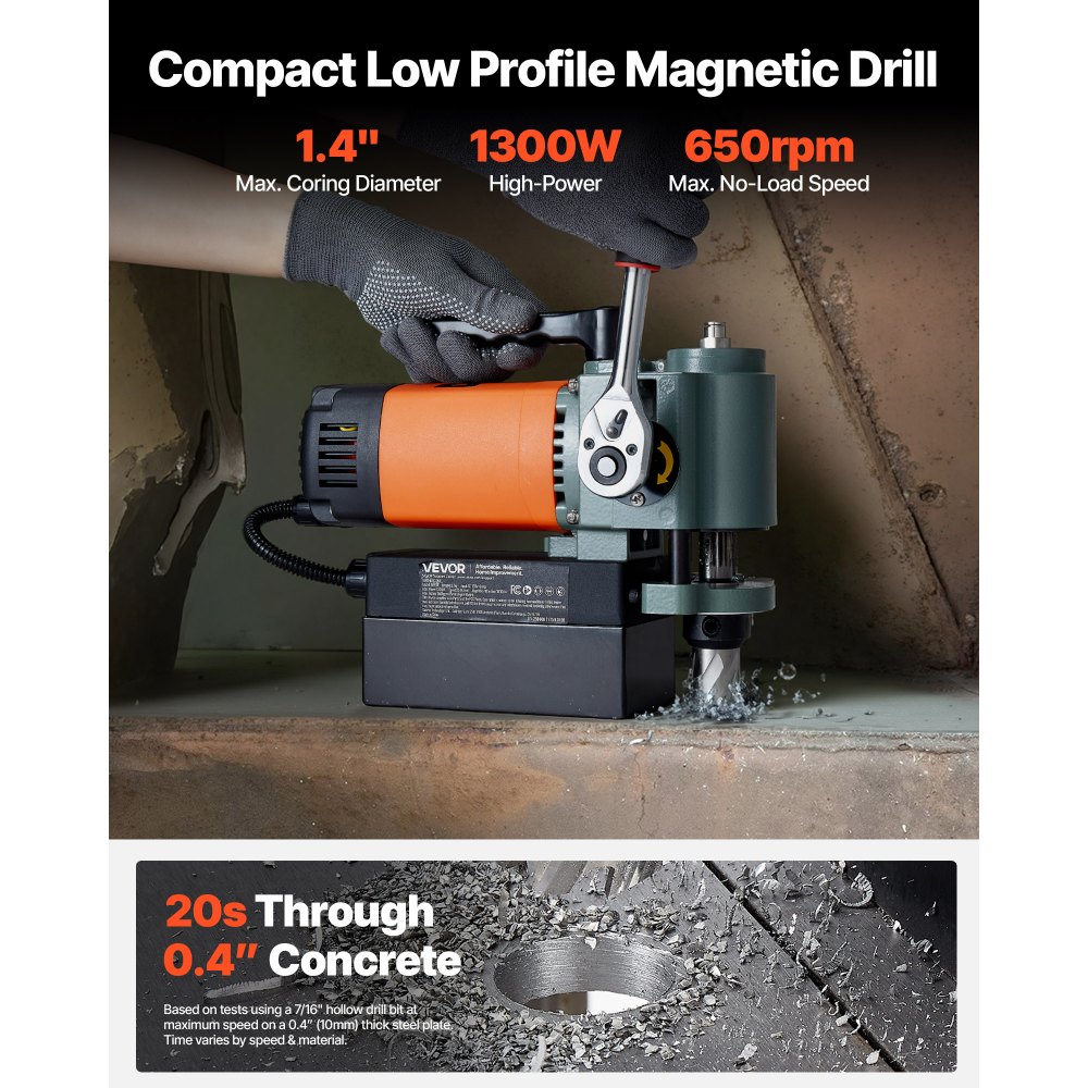 Low-Profile-Magnetbohrmaschine, 1300 W, 35 mm Bohrdurchmesser, 10000 N Leistung, tragbare Magnetbohrmaschine mit Weldon-Schaft für Metalloberflächen, industrielles Heimwerken