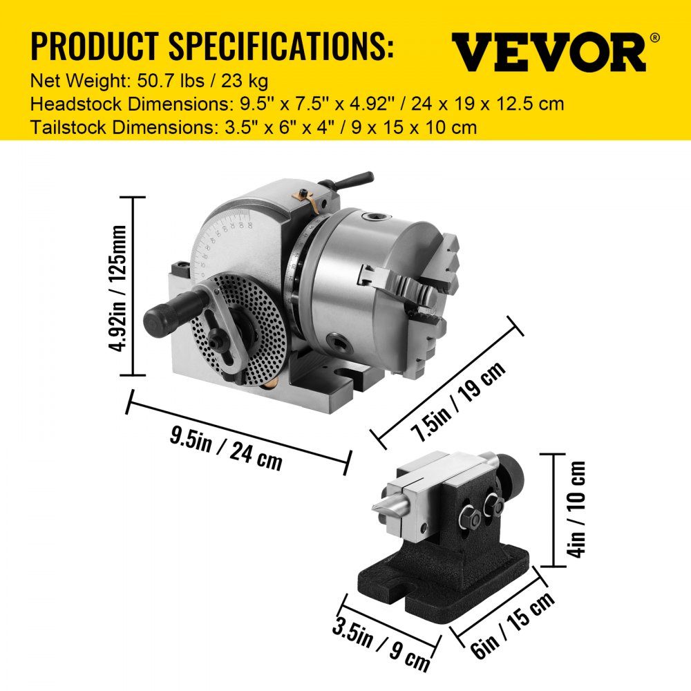 Dividing head with jaw chuck MK2, rotary table with indexing center height 100 mm, dividing head 23 kg, rotary table with plates, a strong support for the machined workpiece