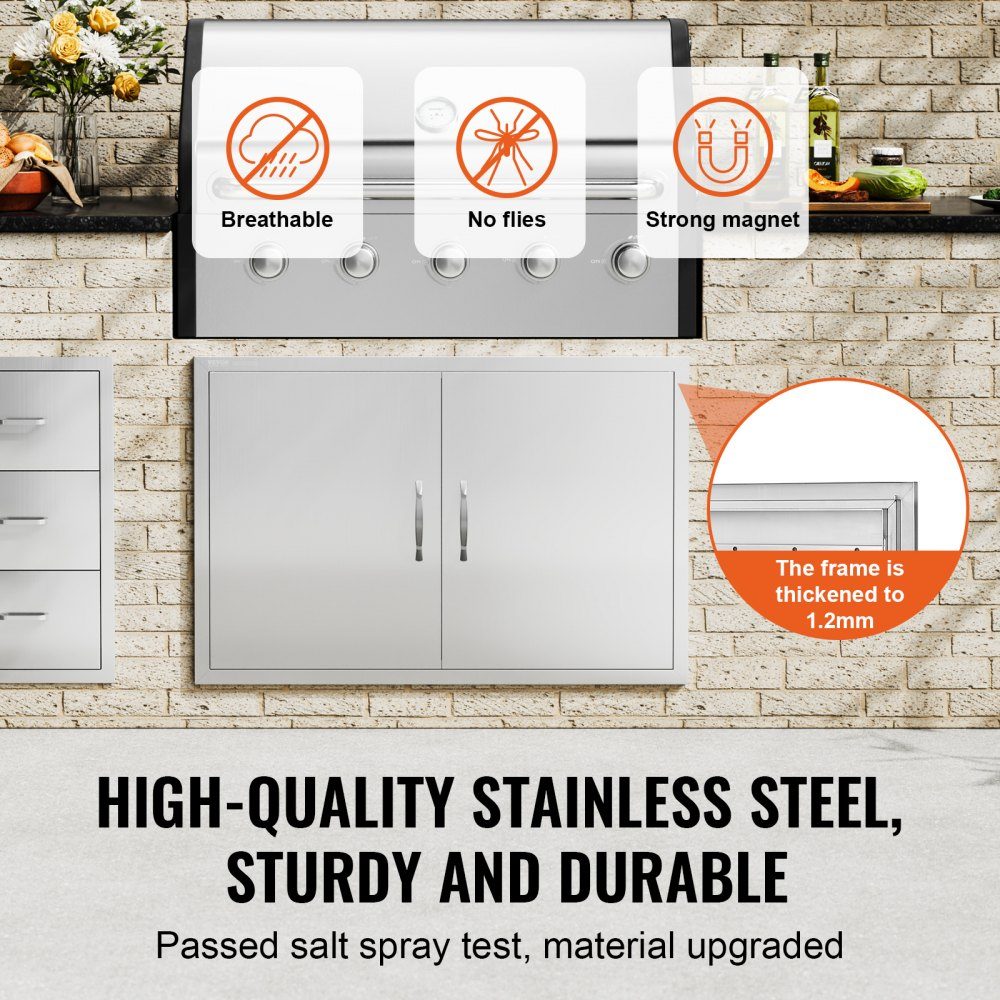 Grill Access Door 990x660mm Double Outdoor Kitchen Door Flush Mount Stainless Steel Door Vertical Wall Door with Handles and Hooks for Grill Island Grill Station Outdoor Cabinet