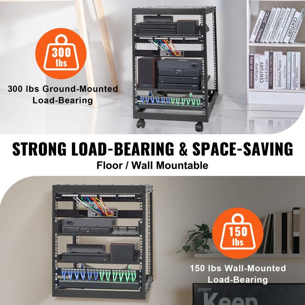 15U-Server-Rack mit offenem Rahmen, 15''-40'' verstellbare Tiefe, freistehender oder an der Wand montierter Netzwerk-Server-Rack, 4-Pfosten-AV-Rack mit Rädern, bietet Platz für Ihre gesamte Netzwerk-IT