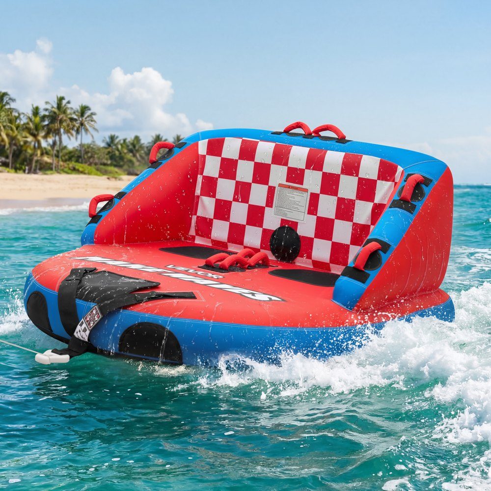 Schleppschlauch für Boote, Wassersport-Schleppreifen für 2 Personen, bis 154 kg Tragkraft, mit 2 Schlepppunkten, Nylonhülle, gepolsterten Griffen und Sicherheitsventil, für Seen, Flüsse, Rot