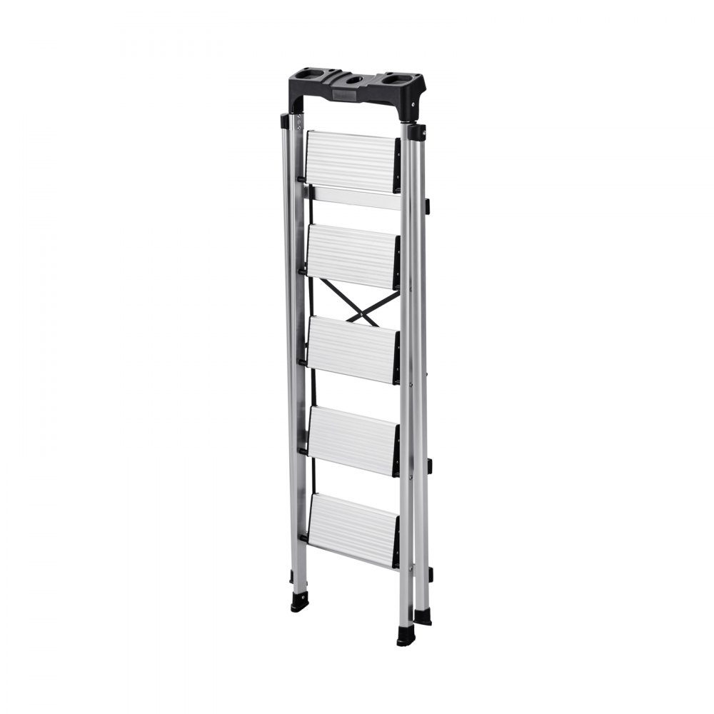 Step Ladder 5 Steps, Folding Ladder with Anti-Slip Steps & Comfortable Handle, Household Ladder Load Capacity 150kg, Aluminum Safety Ladder for Kitchen, Warehouse, Home & Office, Silver