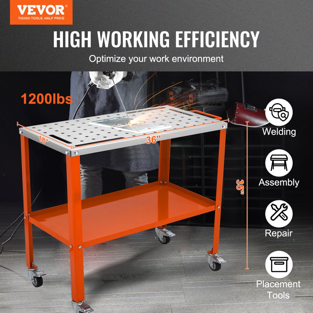 Mobiele lastafel 36" x 18" laswerkbank 1200 lb laadvermogen Gatentafel 94 gaten (φ 0,6") Werkbank Koolstofstalen werktafel Laswagen op wielen 4 gereedschapssleuven Mobiele lastafel 36" x 18" laswerkbank 1200 lb laadvermogen Gatentafel 94 gaten (φ 0,6") Werkbank Koolstofstalen werktafel Laswagen op wielen 4 gereedschapssleuven