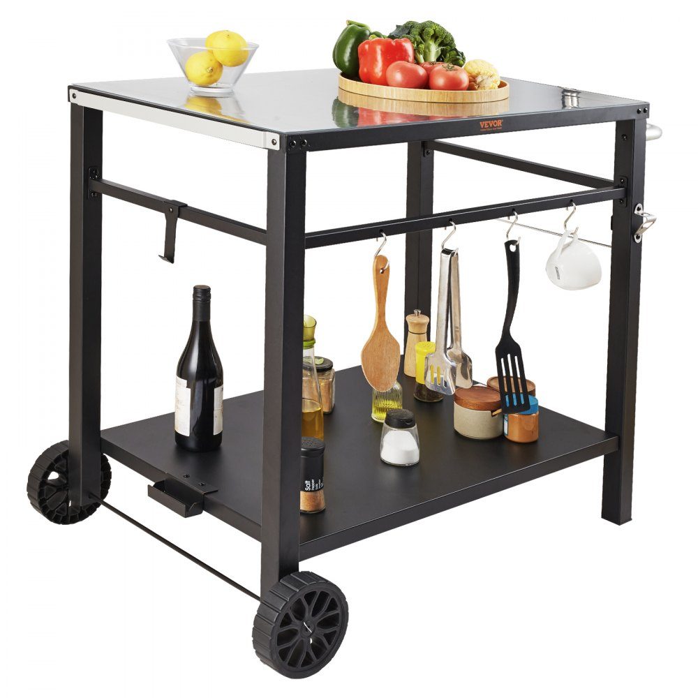 Servierwagen, Küchenwagen, 100 x 64 x 83,5 cm, Outdoor-Grill-Esswagen mit doppelter Ablage, beweglicher Grilltisch für die Zubereitung von Speisen, multifunktionale Tischplatte aus schwarzem Eisen