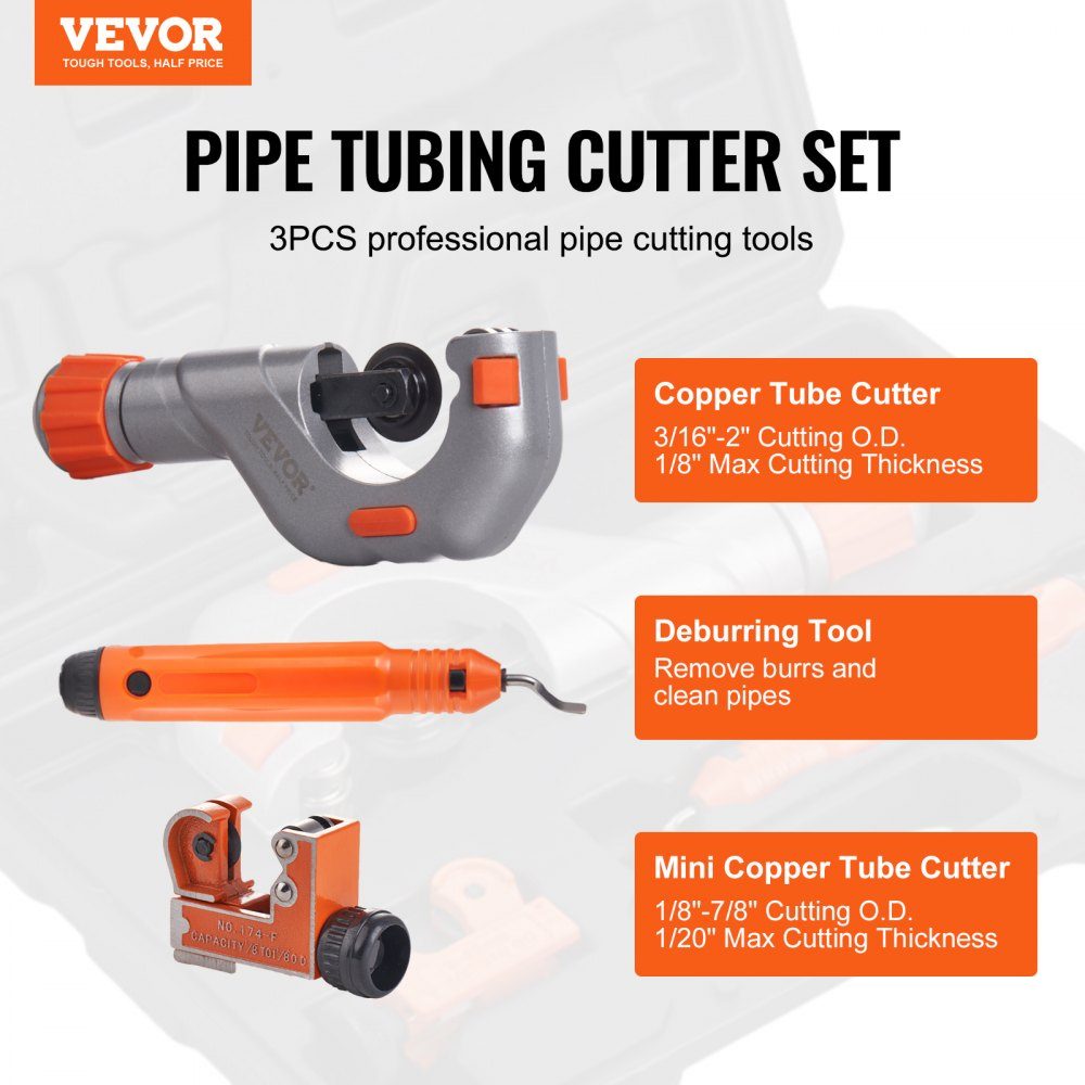 3-delige pijpsnijderset, koperen pijpsnijder met een buitendiameter van 3/16"-2", een minipijpsnijder met een buitendiameter van 1/8"-7/8" en ontbraamgereedschap, zware pijpsnijderset voor koper, aluminium, roestvrij staal en kunststof